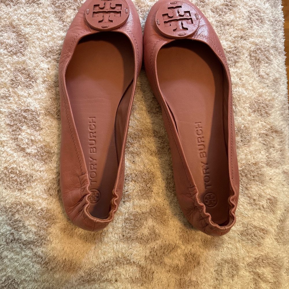 Tory Burch Reva Travel Flats-sz 9-Rose Leather-Pristine!